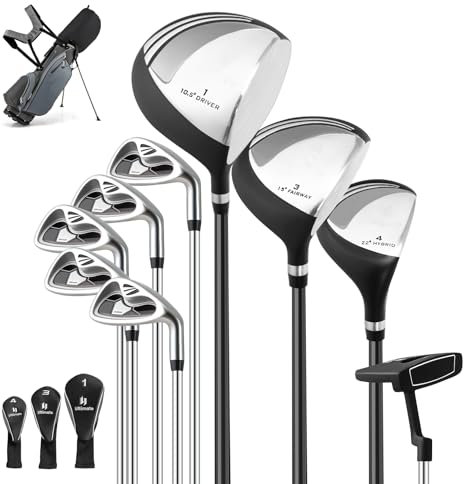 LIFEZEAL Juego de Golf Completo para Hombre, Juego de Palos de Golf portátil para diestros, Bolsa trípode con 7 Compartimentos, Putter, 3 Maderas: Driver#1, Fairway#3, Hybrid#4, 5 Hierros (Gris)