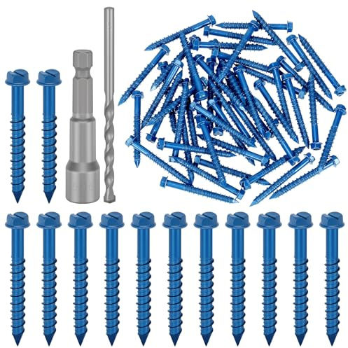 Glarks 52pcs 1/4 x 2-1/4 Schlitz Hex Waschkopf Betonschrauben Ankerkit, blaue Schwerlast Zementschrauben mit Bohrbutzen und Treiberbutzen zur Verankerung an Mauerwerk, Stuck