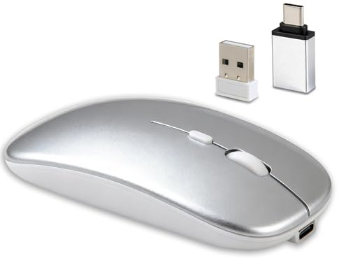 Wireless Mouse Bluetooth 5.2 & 2.4GHz Dual Mode for Macbook Pro/Air/iPad/Laptop/PC/Desktop, Adjustable DPI, Portable Silent Rechargeable Mice with Mini USB Receiver and USB-C Adapter (Silver)