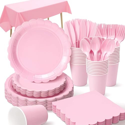 211 Pcs Pink Paper Plates and Napkins,Cups, Pink Party Supplies Including Tablecloth Plates Cups Napkins for Baby Shower Birthday Wedding Party