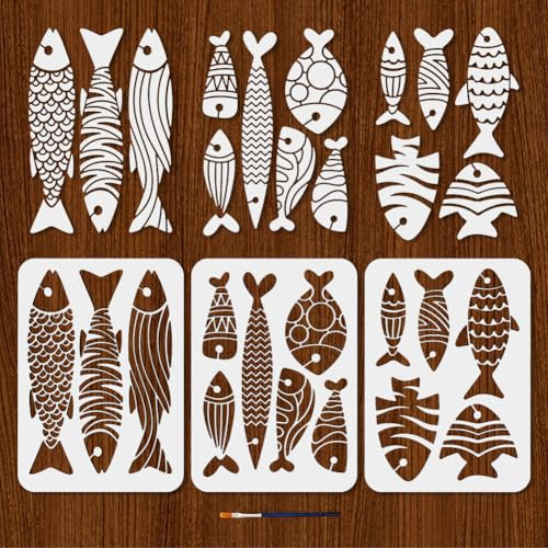 MAYJOYDIY 3 Stück Muster Fisch Schablone Wiederverwendbare Abstrakte Geometrische Fisch Schablone zum Malen 29.7×21cm Textur Zeichen Vorlage mit Pinsel für Wand Möbel Leinwand Scrapbook Dekoration