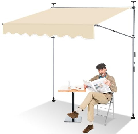 Peviasot Klemmmarkise ohne Bohren mit Handkurbel Balkon, 350cm x (110-150) cm mit Verlängerten Einziehbaren Seitenstangen, Markise Sonnenschutz Wasserdicht, Höhenverstellbar, Beige