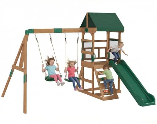 Qaba Set altalena legno scivolo 2 altalene parete roccia ponte coperto | Parco giochi esterno, per bambini, legno.