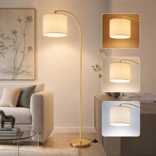 Seruno X Stehlampe Wohnzimmer Goud, Stehleuchte mit 3 Farbtemperaturen | Leinen-Lampenschirm, Drehbarer Kopf, E27 12W LED-Dreifarbenlampen, Fußschalter, Modern Stabiler lampe für Schlafzimmer