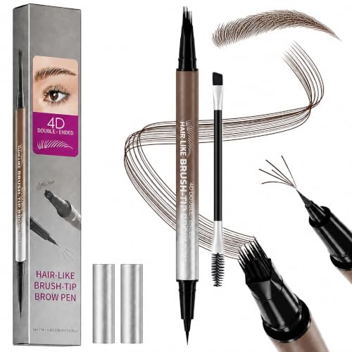 2-in-1 Eyebrow Pencil, 4D Microblading Brow Pen with Fork Tip (Dark Brown) | Square Eyebrow Pen Pro with Brush for Women, Waterproof Smudge-Proof Long-Lasting Eye Makeup for Natural Hair Like Strokes