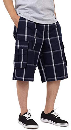 Shaka Wear Herren Cargo Shorts - Casual Plaid Relaxed Loose Fit Elastische Taille Multi Pocket Pants Regular Big S~5XL, Marineblau, Groß
