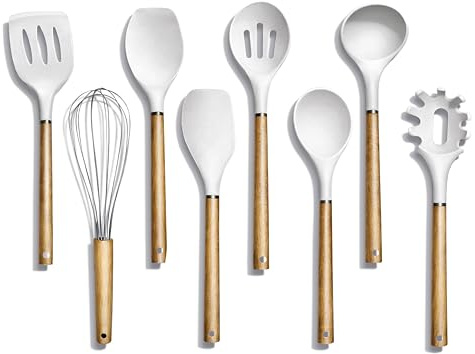 Country Kitchen Juego de utensilios de silicona antiadherentes con asas redondeadas de madera para cocinar y hornear, juego de 8 piezas, color blanco