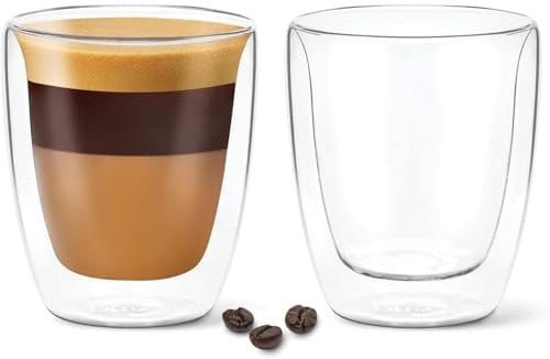 DLux Coffee Cups, 160ml Latte Clear Glass Set of 2 Cups, Lungo Double Wall Insulated Borosilicate Glassware Cup - Wine, Tea Glasses