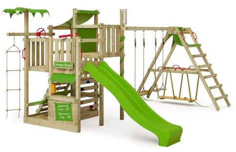 FATMOOSE Spielturm Klettergerüst CrazyCoconut Club XXL mit Surfanbau, Rutsche & Plane, Outdoor Kinder Kletterturm mit Sandkasten, Leiter & Spiel-Zubehör für den Garten (apfelgrün)