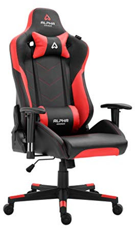 Alpha Gamer Zeta - Silla Gaming de Cuero PU, Ergonómica, Reposabrazos Ajustables, Cojín Cervical y Lumbar, Base de Metal, 120KG - Negro y Rojo