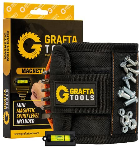 GRAFTA Magnetic Wristband TOOLS DIY Magnetic Tool Wristband with Mini Magnetic Spirit Level Gadget for Holding Tools Screws Nails etc Ideal Birthday Christmas for Men Black