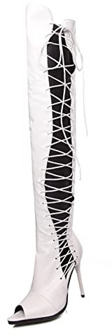 RUKOEVIM Moda Donna Stivali Open-toe Stiletto High Heel Traspirante Stivali Estivi Romanoo Stivali Belt Fibbia Stivali Pizzo-up Stivali White Size 35