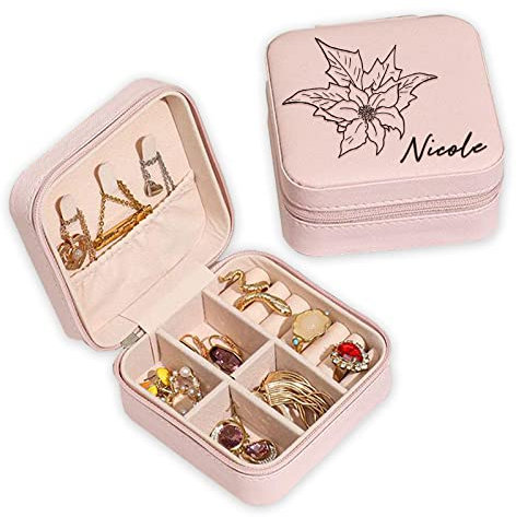 Individuelle Schmuckschatulle, personalisierte kleine Schmuckschatulle für Reisen, mit Namen und Geburtsblumenmonat, für Ringe Ohrringe Halskette Geschenke für Mädchen Frauen Mutter Geburtstag(Weiß)