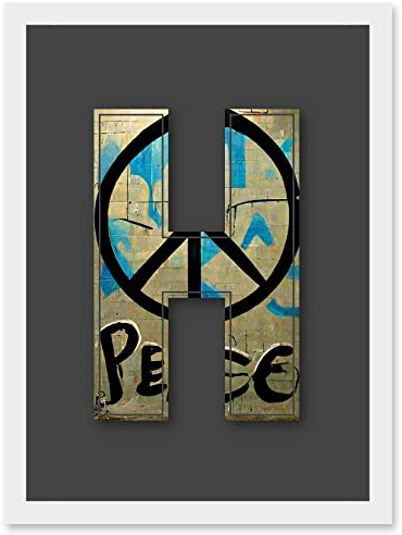 Wee Blue Coo Letter H Peace Sign Beige Black Decorative Graffiti Mural Alphabet Initial Stencil Artwork Framed Wall Art Print A4