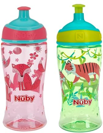 Nuby Printed Kids Water Bottle 3 Pack 12oz (Pink, Purple, Aqua)