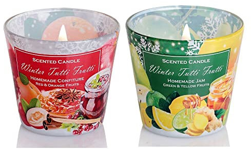 Dekohelden24 Duftkerze/Windlicht/Kerze im Glas - 2 Fach Sortiert/Duftrichtung red and orange Fruits und Green and Yellow Fruits, L/B/H 8 x 8 x 8 cm, je Kerze 115g