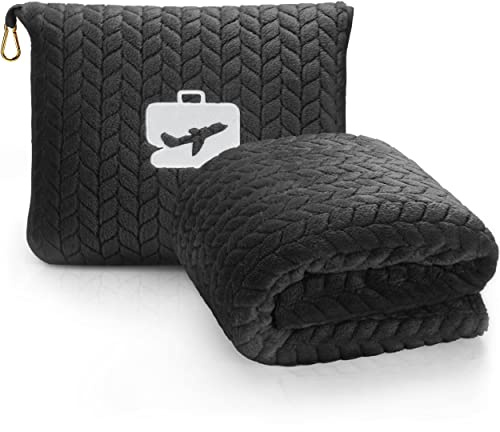 EverSnug Premium Travel Blanket Pillow - Soft 2 in 1 Airplane Blanket with Soft Bag Pillowcase, Hand Luggage Sleeve and Backpack Clip (Black)