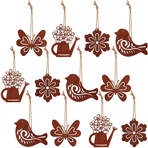 12 Stück Vintage Hängedeko Rost Metall Gartendeko Ostern Metallanhänger Deko Vogel Blumen Gießkanne Schmetterling Deko Figur Osterdeko zum Aufhängen mit Seil für Hause Outdoor Wandkunst