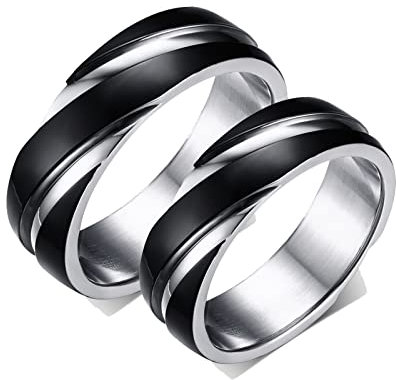 Whoiy Ringe Damen Edelstahl, Promise Ring for Couples 2 Stück Schwarzer Silberring 6mm Gravur Personalisiert