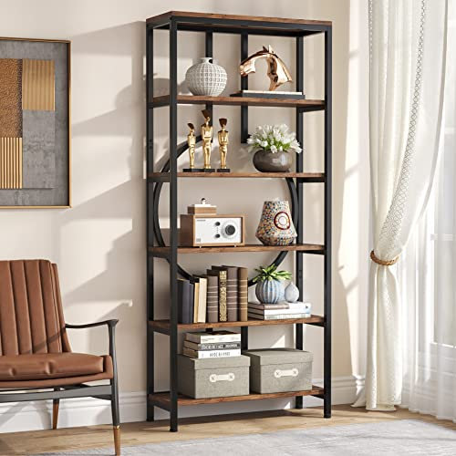 Tribesigns Libreria, Scaffale per Soggiorno, Portaoggetti a 6 Ripiani, libreria alta autoportante con ripiano portaoggetti a 5 aperti, Stile Industriale, per camera da letto, ufficio a casa,Marrone