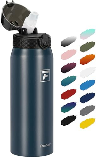 Fanhaw 750ml Stainless Steel Insulated Sports Water Bottles with Straw for Kids, Men and Women(Navy Blue)
