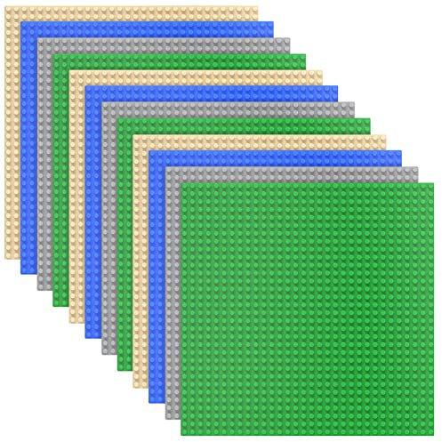 TINGLAND 12 Pack Classic Baseplates, Building Base Plates for Kids, 100% Compatible with Major Brands Baseplates, 10 x 10, 3 Green, 3 Blue, 3 Gray, 3 Sand