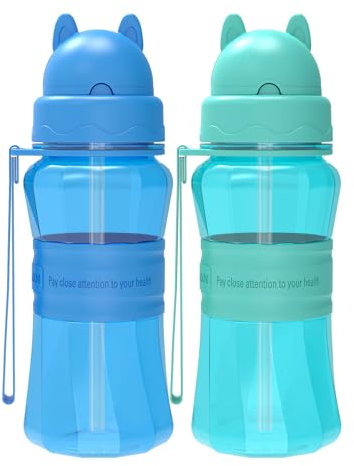 Sigdio 2 Pièces Gourde Enfants avec Paille garçons Anti fuite sans BPA Facile à Nettoyer Bouteille d'eau Enfant 1 2 3 4 5 6 Ans pour Maternelle, École (Bleu et Bleu Clair)