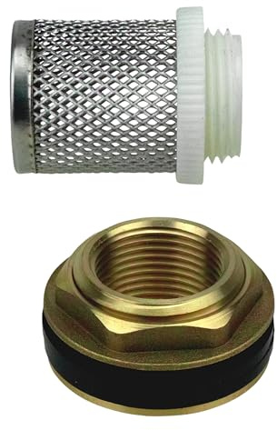 FILTROTECH Tankdurchführung 3/4 Zoll mit Edelstahl-Saugkorb | Rostfreies Filtersieb hält Laub und Schmutz zurück, 3/4 Zoll IG auf 1 Zoll AG, Messing, mit Dichtring
