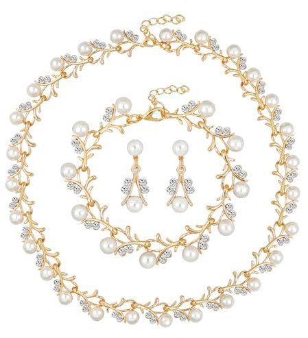 AILUOR Perlenschmuck Set für Frauen, 14K Gold/Silber plattiert Perlenkette und Ohrring Set Perlen Tropfen Ohrringe Perlen Armbänder Perlen Halskette Choker Hochzeit Brautschmuck (3 Stück Gold)