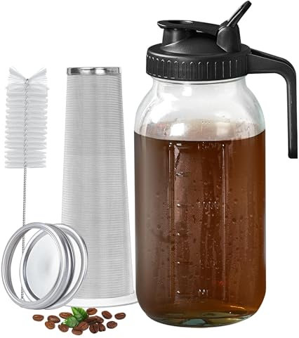 PIZVOX Cafetera de infusión fría, jarra de infusión fría, tapa de boquilla multiusos de vidrio duradero con filtro de acero inoxidable y asa para café helado, contenedor de bebidas de frutas caseras