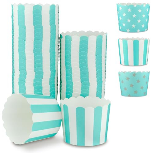 Frau WunderVoll® 50 Muffin Backformen türkis Mint, weiße Streifen, Durchmesser 6,1 cm/Muffins Muffinbackform Muffinform Form Backförmchen Cupcake Formen Förmchen Papier Cupcakeformen