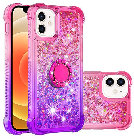 Reevermap iPhone 11 Phone Case with Ring Holder Kickstand, Clear Glitter Liquid Floating Silicone Case Sparkle 360 Degree Rotating Ring Grip Case Cover for Girls Women, Pink & Purple