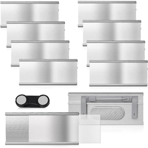 EFUTURETIME 10 x Namensschilder für Kleidung Magnet mit Nadel zum Anstecken, 72mm x 31mm Alu Namensschild Halterung mit Papiereinschub für Arbeit, Ausstellung, Restaurant, Schule