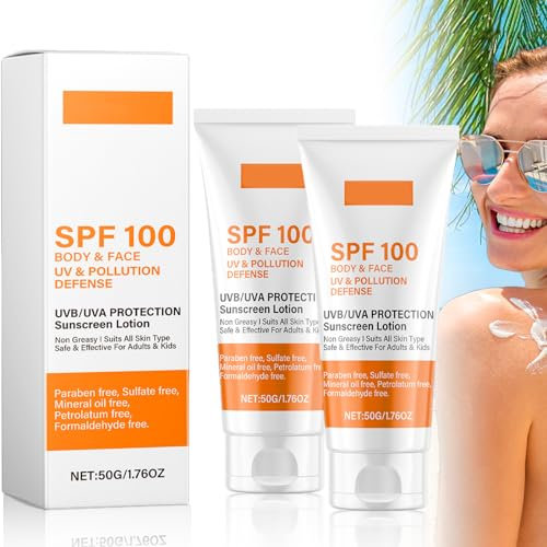 Sunscreen Spf 100, Soins du Visage et Le Corps Crème Solaire, Rafraîchissante Hydratante, Non Grasse, avec UVB/UVA Écrans Solaires 50g, pour les Voyages, Protection Solaire Quotidienne (2 Pièces)