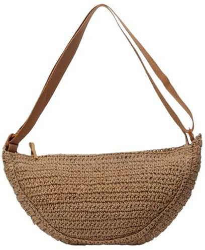 HoveeLuty Sac En Paille Chic Demi-Lune 33 X 9 X 22 Cm Sac De Plage à Bandoulière Avec Sangle Réglable Sac Tissé à Bandoulière Sacs D'été Avec Fermeture éclair Sac De Plage En Paille Sac à Bandoulière