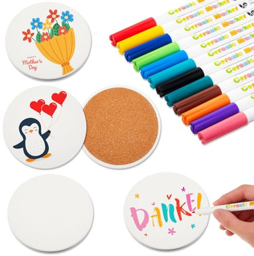 Geiserailie DIY Keramik Untersetzer Set Enthalten 4 Weiße Keramikuntersetzer mit Pad und 12 Porzellanstifte Keramik Rohlinge zum Bemalen Basteln Untersetzer zum Dekorieren(Runden)