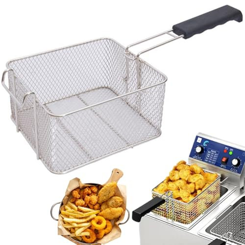 Canasta de freidora 8.3x7.5x4.3 en cesta de frito de acero inoxidable con mango extraíble y ganchos de borde de la olla Casa de alevines franceses de cocina para servir alimentos, cesta de freidora