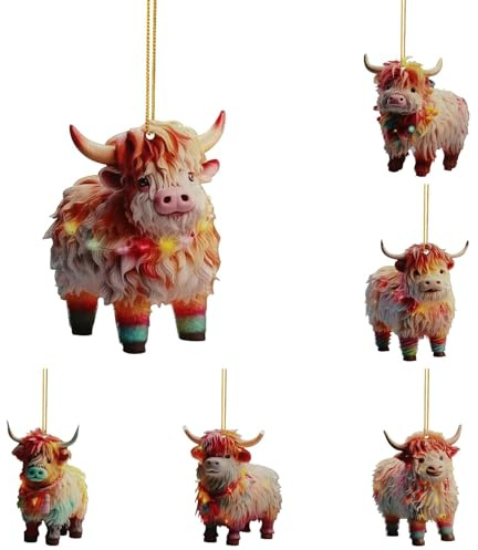 6 Stück Cartoon Kuh Dekorative Acryl Bunte Hohes Land Kuh Weihnachtsbaum Ornamente Lustig Deko Anhänger Weihnachtsanhänger Weihnachtsbaum Deko Weihnachtsdekoration Weihnachtsschmuck Christbaumschmuck