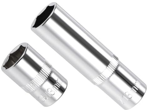 CoCud Douille 6 pans, embout 3/8 profondeur 13 mm, chromée polie CR-V métrique douille chocs longue et courte - (Applications : clés cliquet, couples, clés électriques), 2Pcs