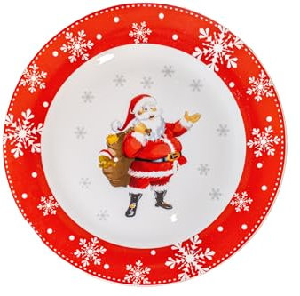 Omniacasa Juego de Porcelana de Navidad para 6 Personas - 6 Platos Llanos y 6 de Postre Con Decoración de Papá Noel y Copos de Nieve