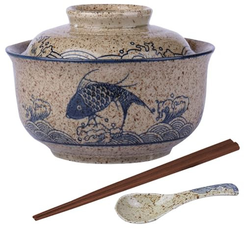 800ml Ramen Bowl Set,Noodle Bowl,Ramen Bowls(Ramen Bowl with Lid,Ramen Spoons,Chopsticks),Ceramic Bowl for Pasta Bowl,Snack,Soup,Salad Bowl,Cereal Food,Large Bowl(Fish Shaped-1PCS)