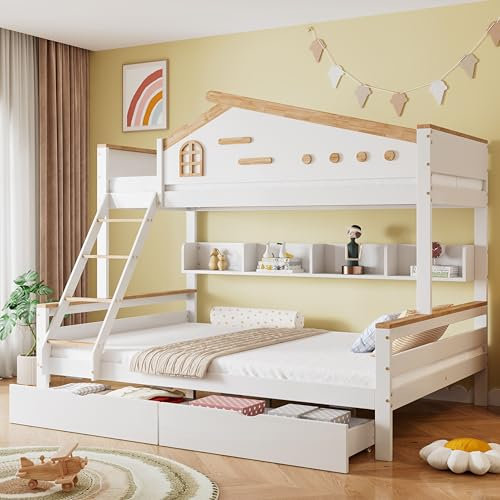 NQSLDM Litera de 90 x 200 y 140 x 200 cm con cajones y estante abierto, litera con escalera y protección anticaídas, marco de cama con somier, cama de almacenamiento para niños y jóvenes, color blanco