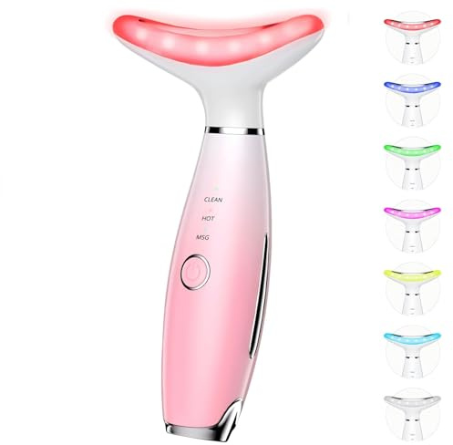 Dopsikn 7 Color Galvanic Machines - Red Light Therapy for Face and Neck, Face Massager Tool for Wrinkles, Double Chin, Vibrating Facial Massager with Thermals, Pink