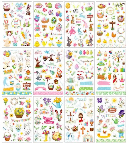 DPKOW 24 Blatt Deutsch Ostern Sticker Set, Frohe Ostern Aufkleber für Basteln Ostern DIY Scrapbook Bullet Journal Fotoalbum, Ostereier Hasen Sticker Christliche Ostern Aufkleber Abziehbilder Osterdeko