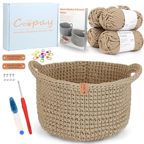 Coopay Häkelset für Anfänger, Rund Körbe Häkel Set mit Häkelnadel 4,5mm, Dicke Häkelgarn, Anfänger Häkelset für Körbe - Khaki