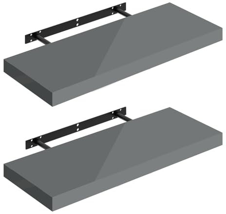 WOLTU Wandregal Volato Set von 2 Regalen Wandboard freischwebend Schweberegal CD DVD Regal Bücherregal Holz Board 60x22,9x3,8cm Hochglänzend Grau RG9478gr-2