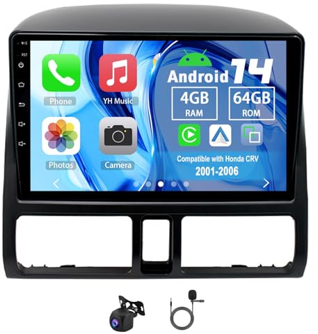 Slakerbe Android 14 Autoradio 2 Din mit Carplay Android Auto kompatibel mit Honda CRV 2001-2006, 4G+64G 9 Zoll Auto Radio Stereo mit Bluetooth Navi WiFi FM RDS Rückfahrkamera Mic