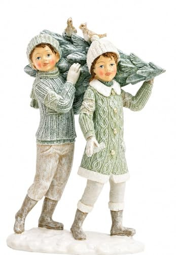 Miss Lovely Deko-Figuren Winter-Kinder Mädchen & Junge mit Tannenbaum & Vögeln Pastellfarben Weihnachts-Dekoration in weiß Creme & grün Weihnachten Weihnachtsschmuck Advent Winter Geschenk-Idee
