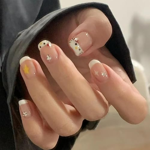 24PCS Short Square White Cat Press On Nails, Full Cover Acrylic False Nail Art Set with Accessory Tool for Women and Girls, Premium Eco-Friendly ABS