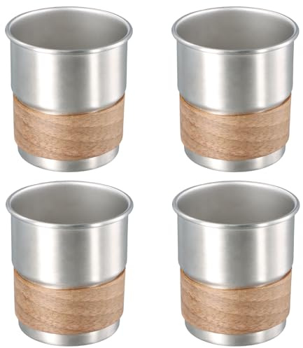 4 Stück Edelstahlbecher, 300ml Edelstahl Tasse mit Becherhülse aus Holz, Stapelbare Trinkbecher, Edelstahl Campingtasse, Metallbecher ist Kälte- und Hitzebeständig, Ohne Henkel für Bier Saft Kaffee